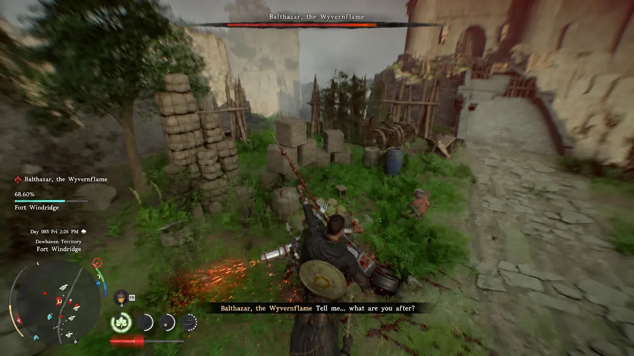Player closing in on Balthazar during the Fort Windridge stage of the boss fight