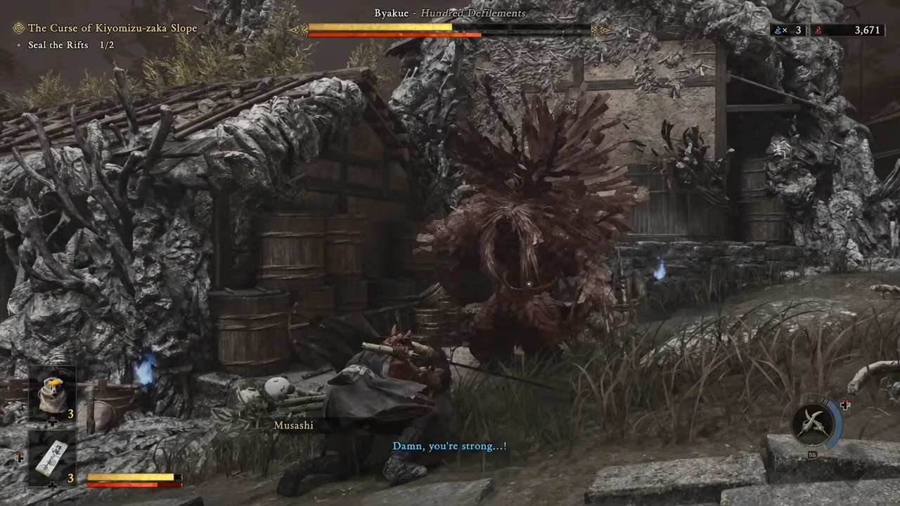 Musashi absorbing a multi-hit axe string from Byakue with back-to-back deflects
