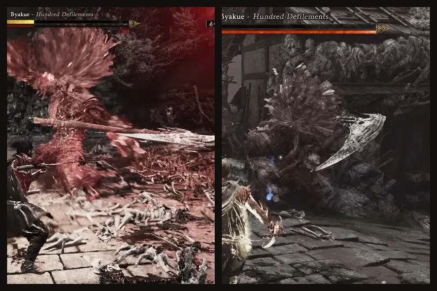 Two views of the Byakue boss fight during the Seal the Rifts objective, attacking and closing distance