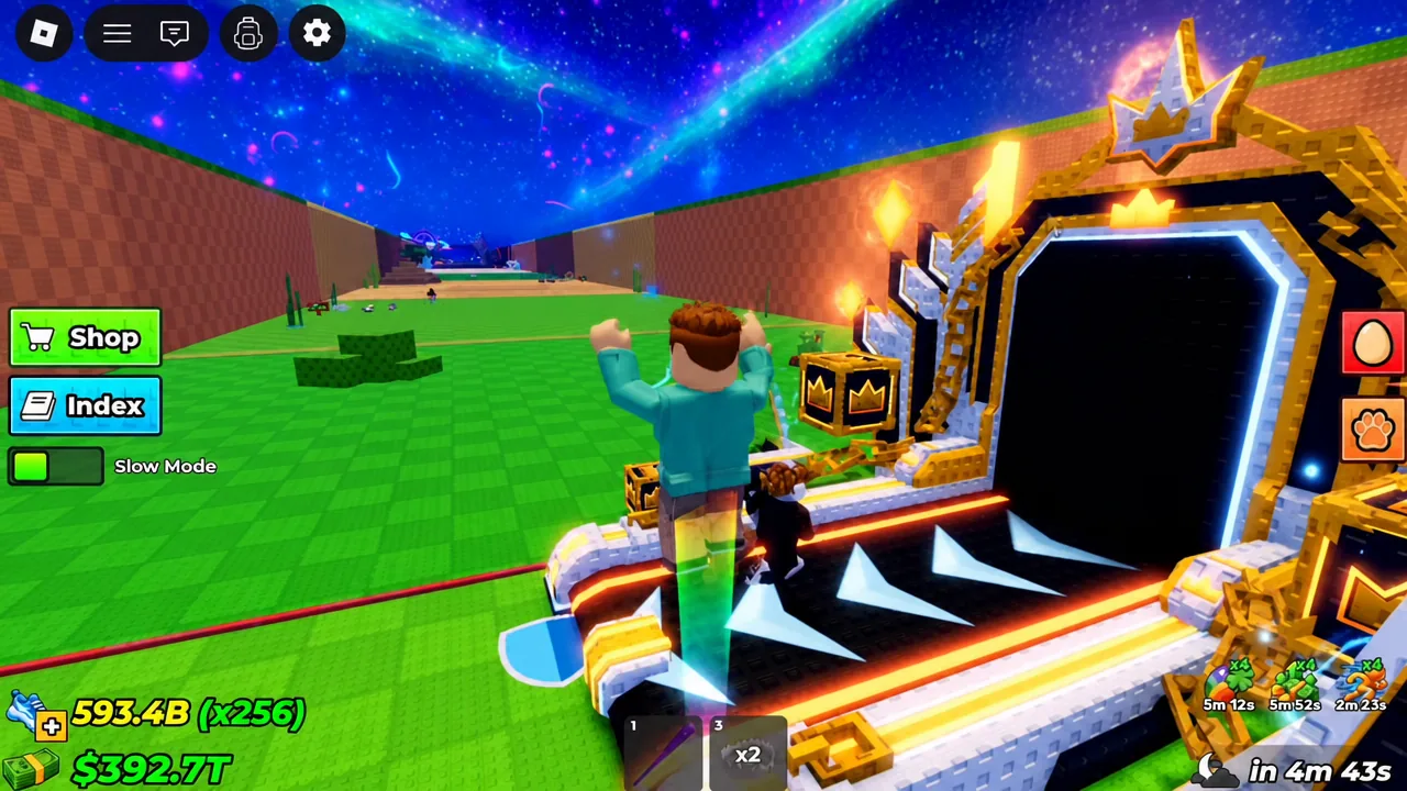Player character sprinting toward a large gold biome portal with the Shop button and Index tab on screen