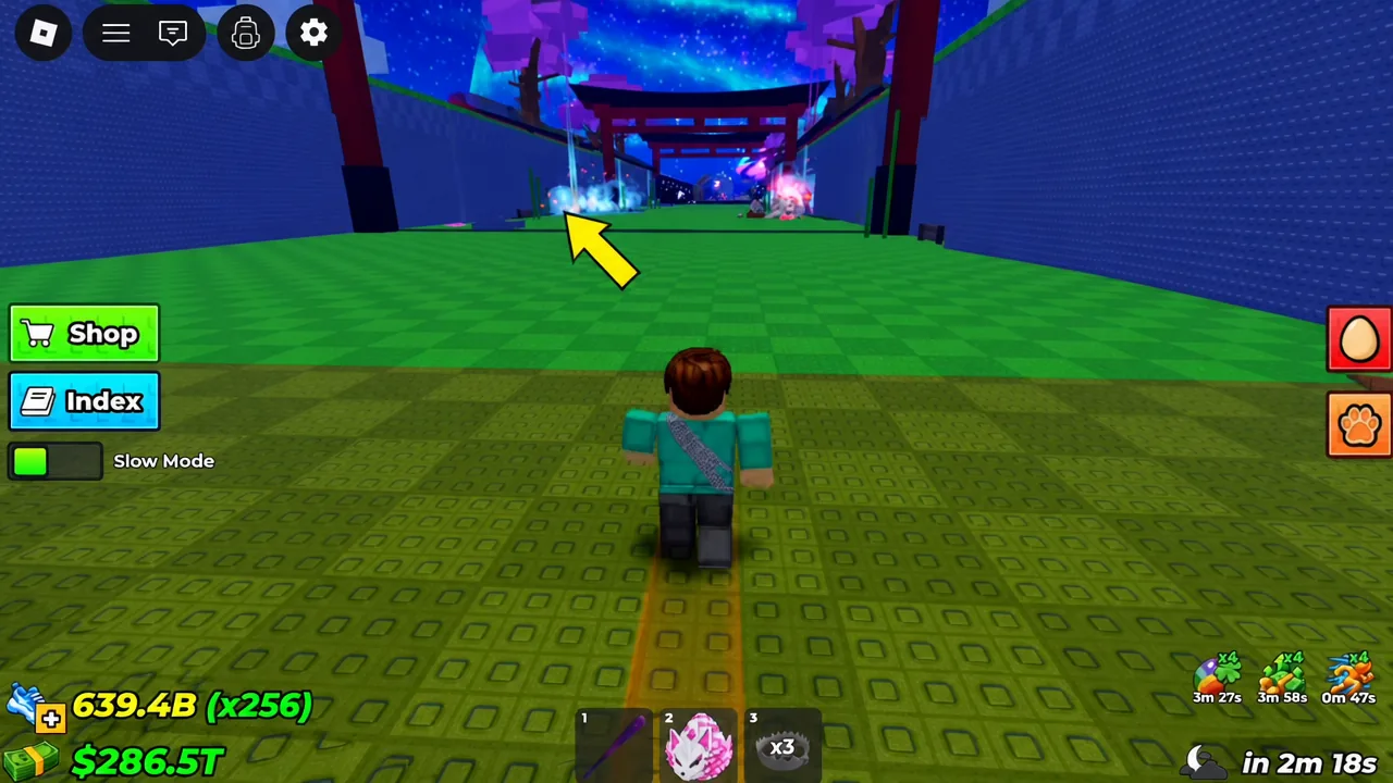 Yellow arrow marker pointing toward a glowing area ahead as the player runs down a corridor