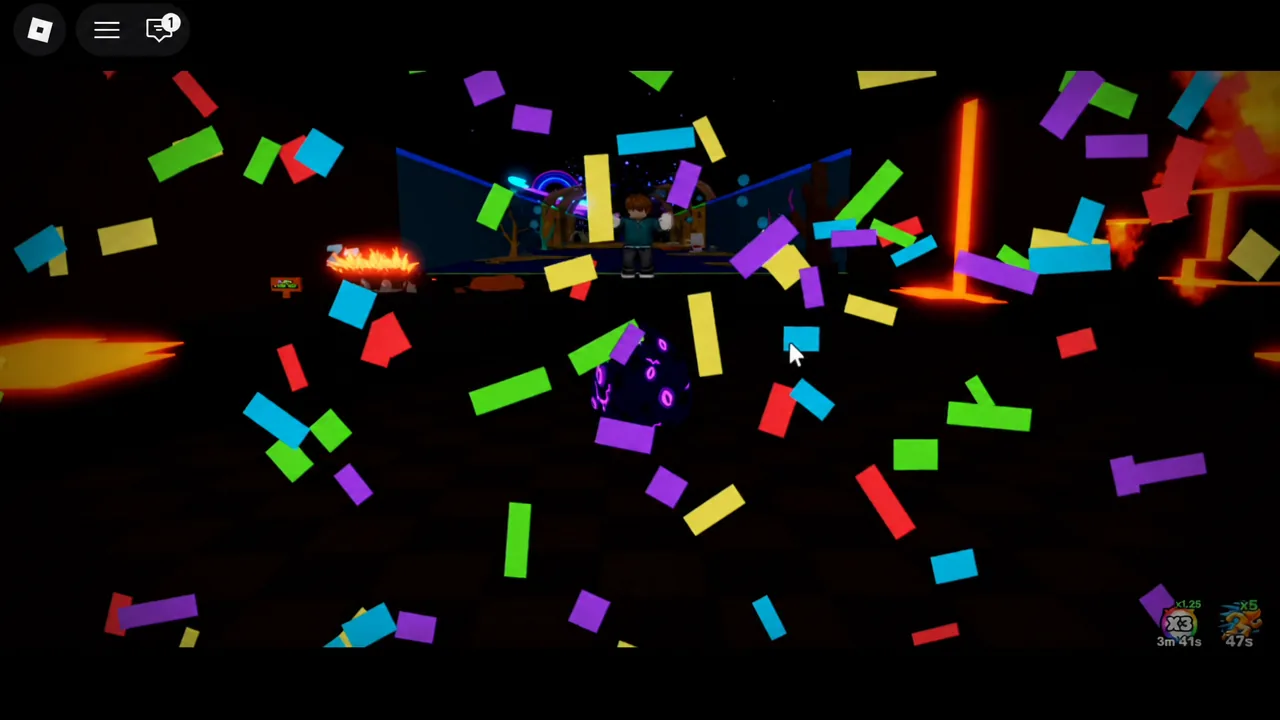 Confetti falling around the player avatar with temporary boost timers running on screen