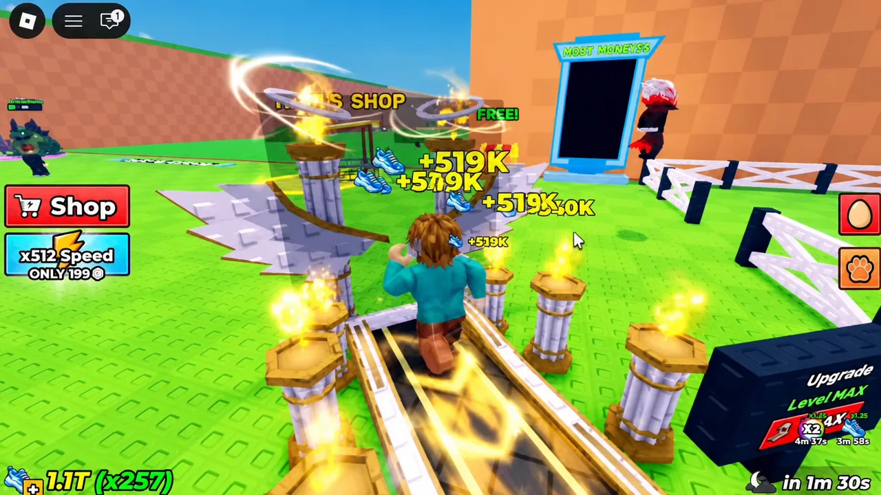 Avatar running on a glowing treadmill at base while money ticks up on screen