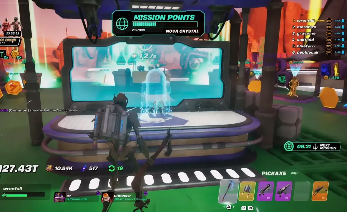 Player standing at the central holographic mission console with the Mission Points screen open