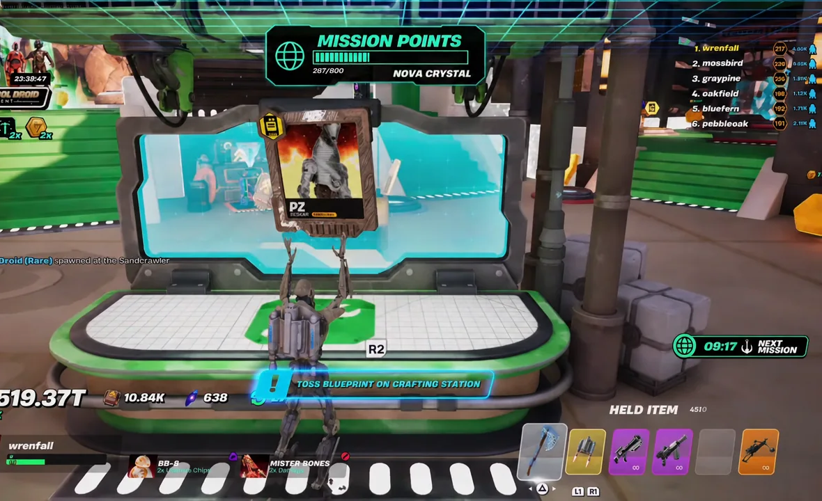 Crafting Station screen with a blueprint card selected and the prompt to toss the blueprint onto the station