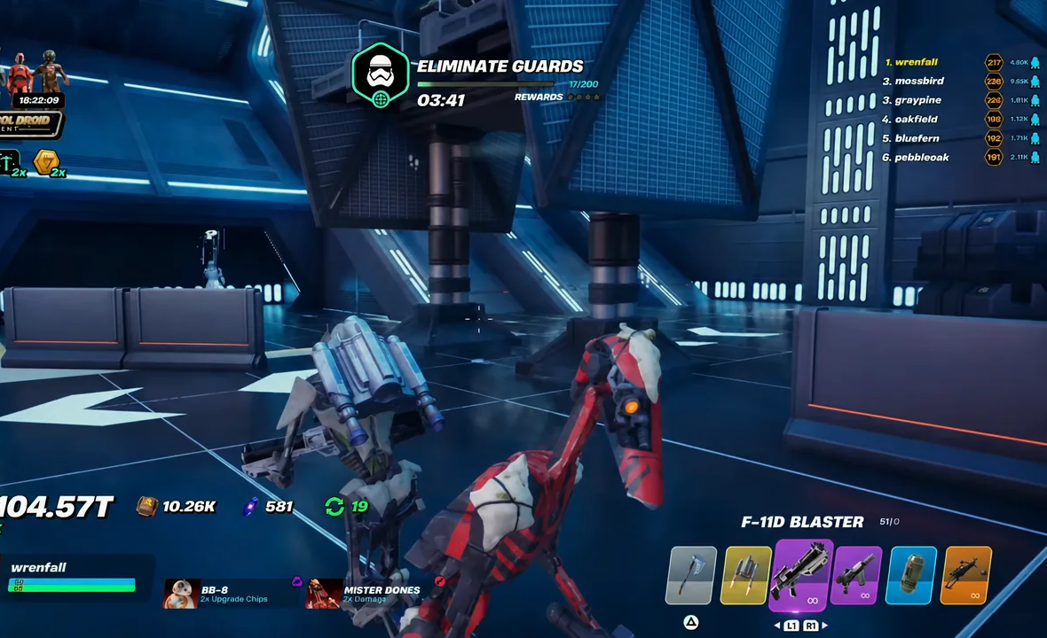 The Eliminate Guards objective in progress as the player fires an F-11D Blaster at guards