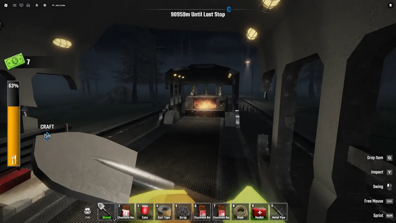 Gameplay view with the Shovel highlighted in the hotbar near the CRAFT objective marker