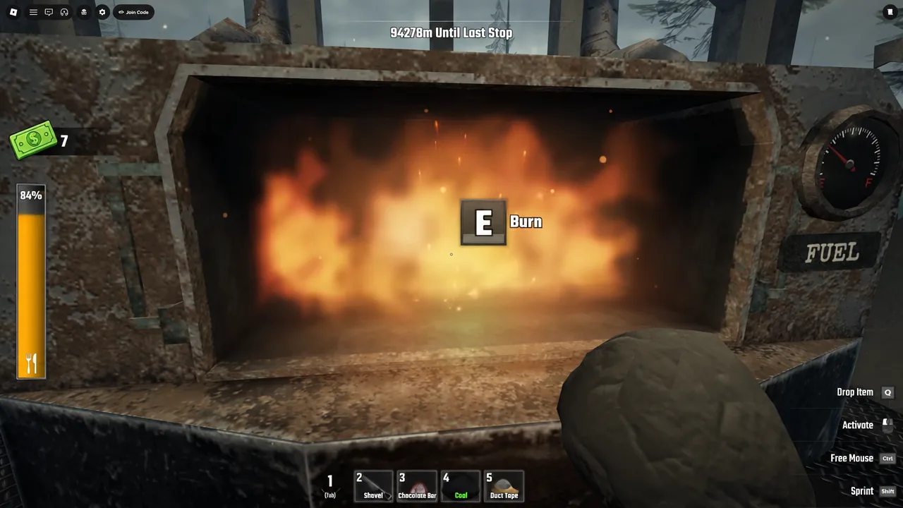 The bus furnace showing the E Burn prompt as the player feeds fuel into it