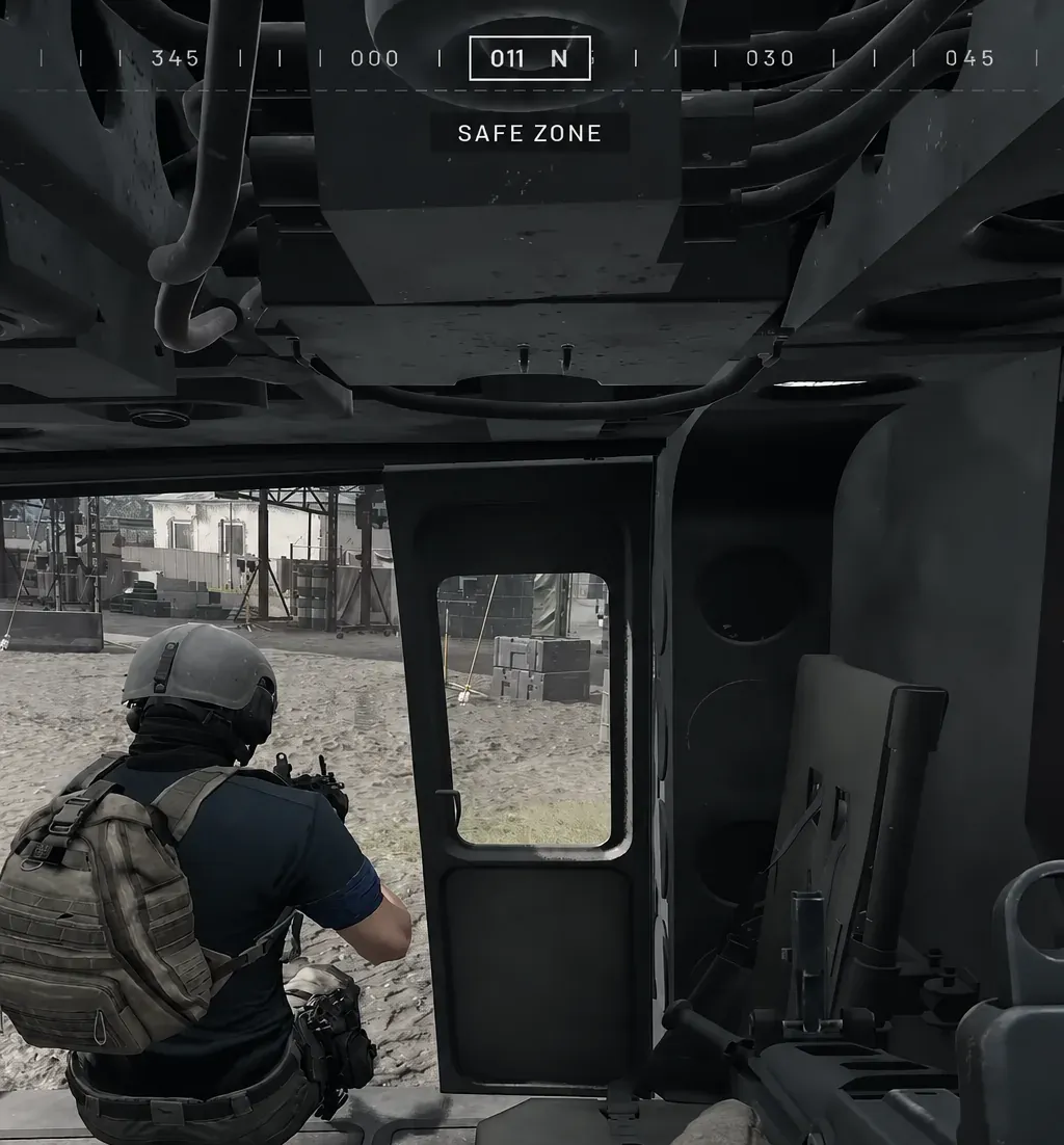 Safe Zone indicator and compass heading 011 N on the HUD while riding in a vehicle