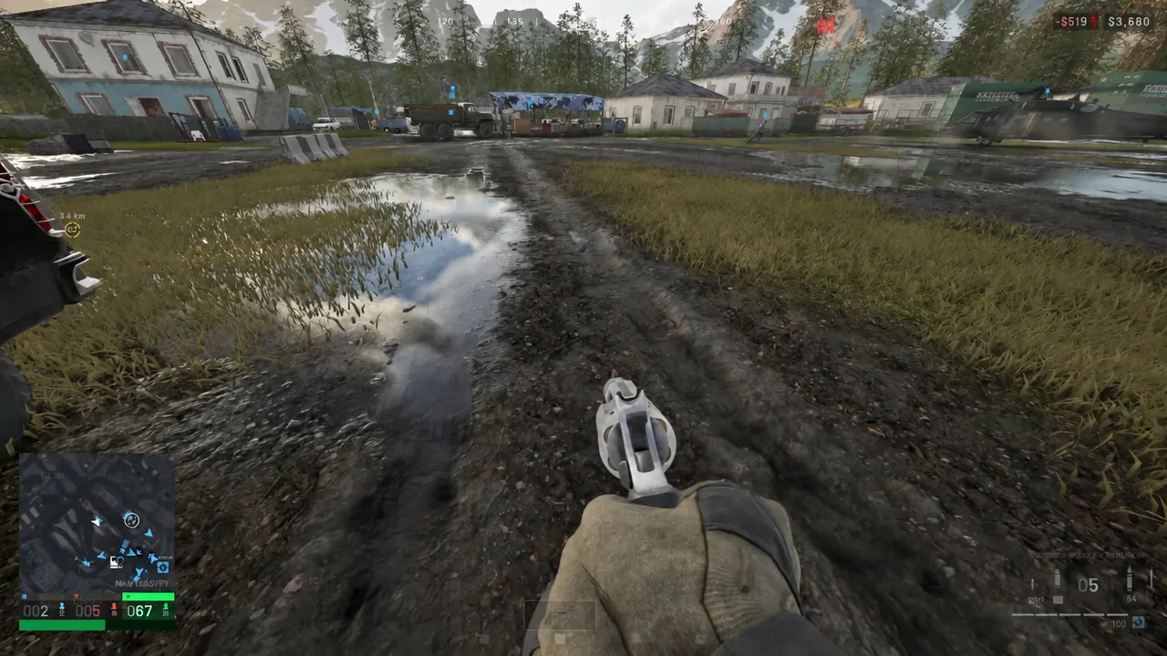 First-person view aiming a revolver across a flooded industrial settlement in WARDOGS