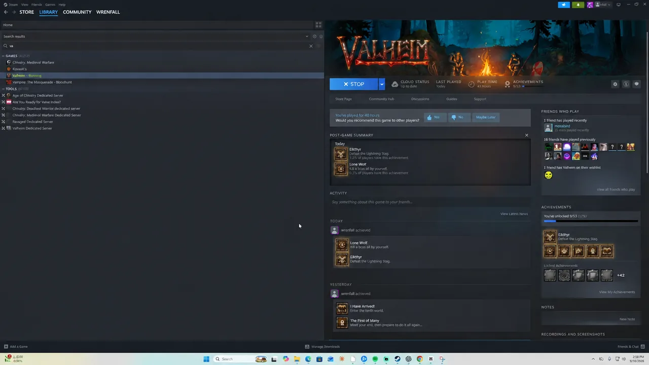 Valheim's Steam Library page with the STOP button visible, meaning the game is still open and needs closing first.