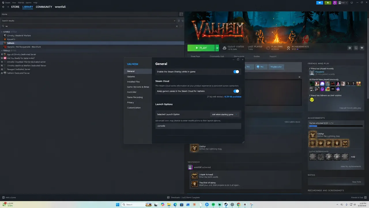 Valheim Properties window on the General tab with -console typed into the Launch Options field