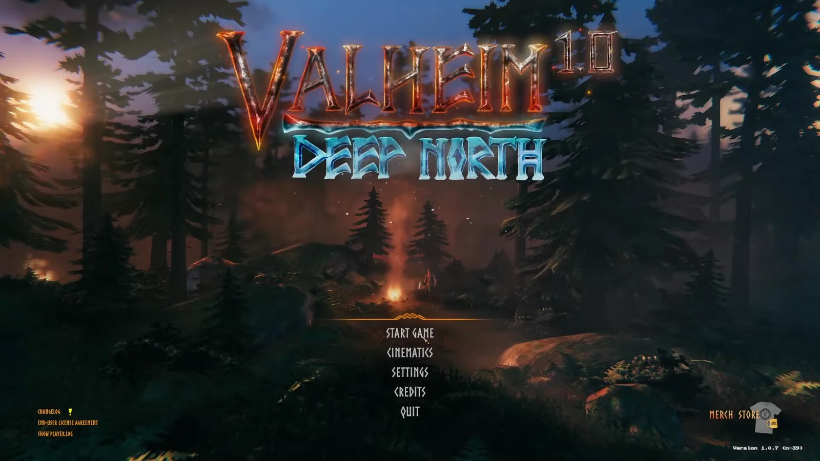 The Valheim main menu — pick Start Game to load a character and world.