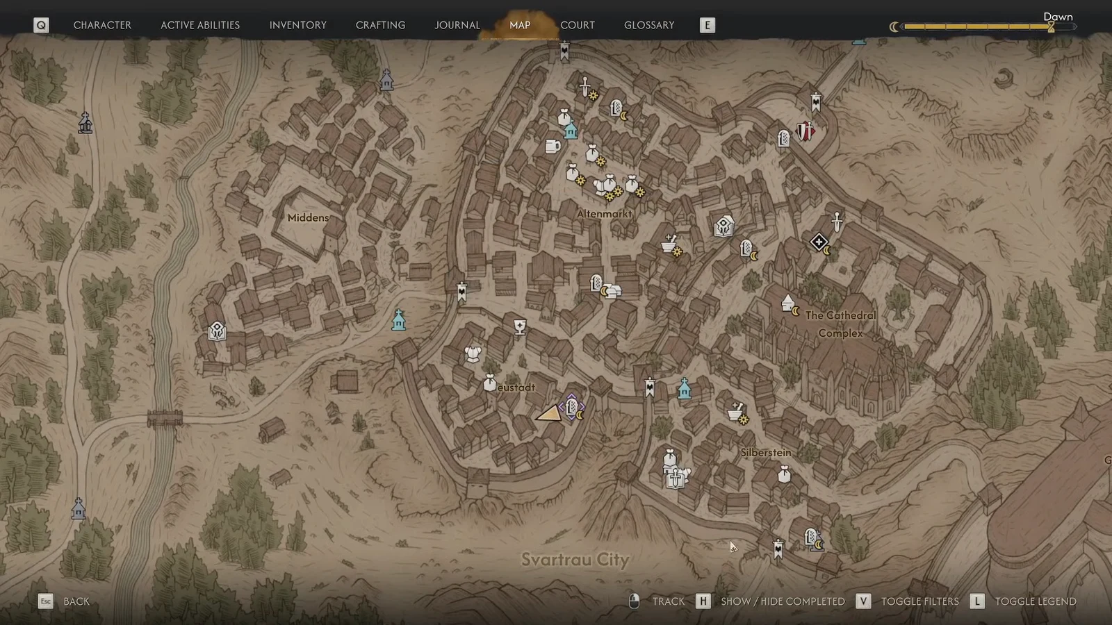Svartrau City map screen with the player marker among a cluster of point-of-interest icons
