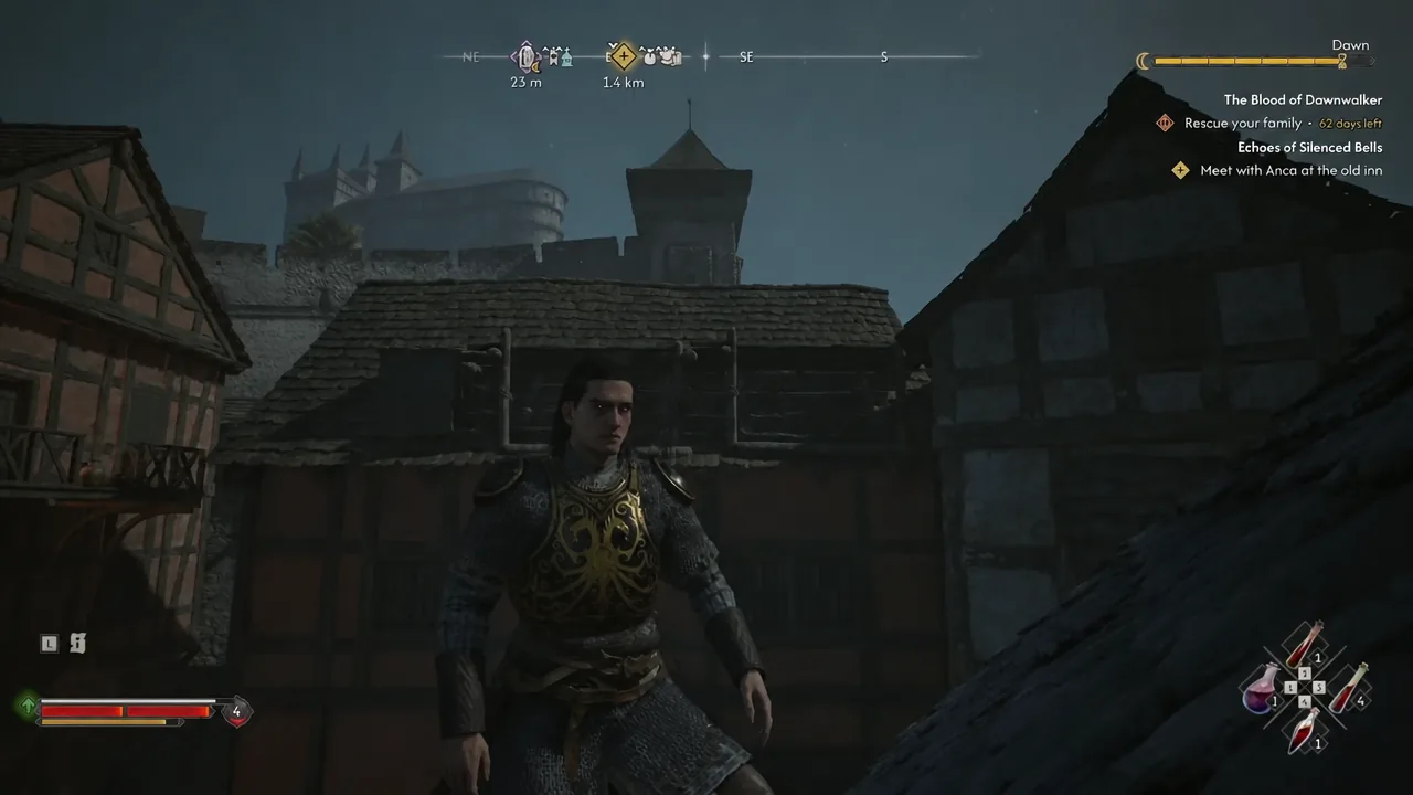 Coen positioned in a Svartrau City street with the main quest objectives shown in the tracker