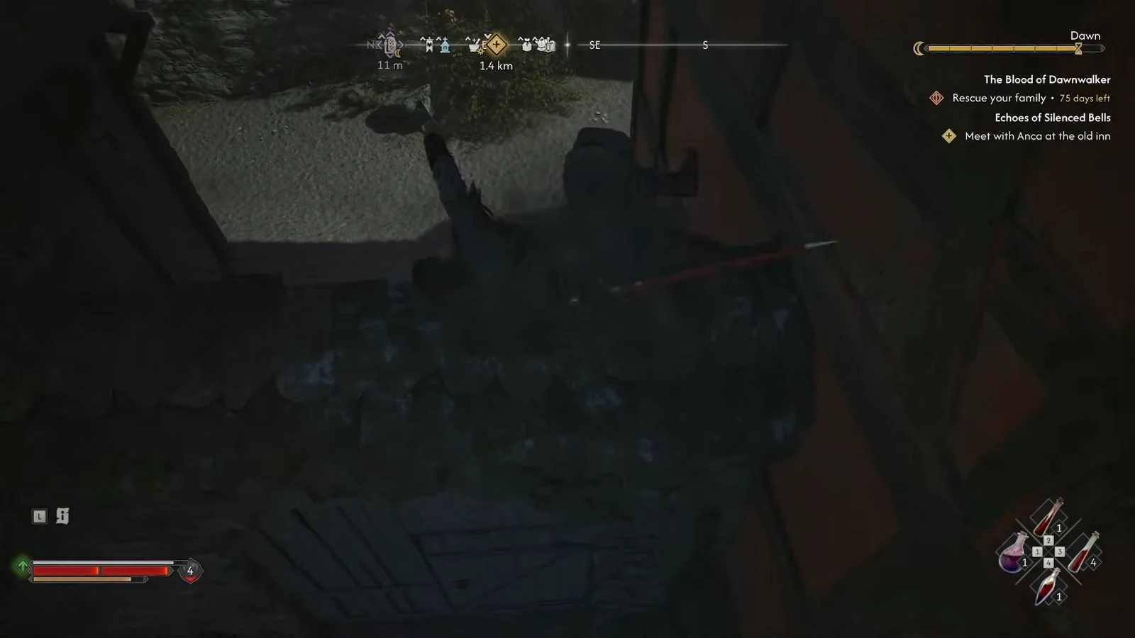 Coen draws a bow inside Svartrau City with the objective list showing on screen