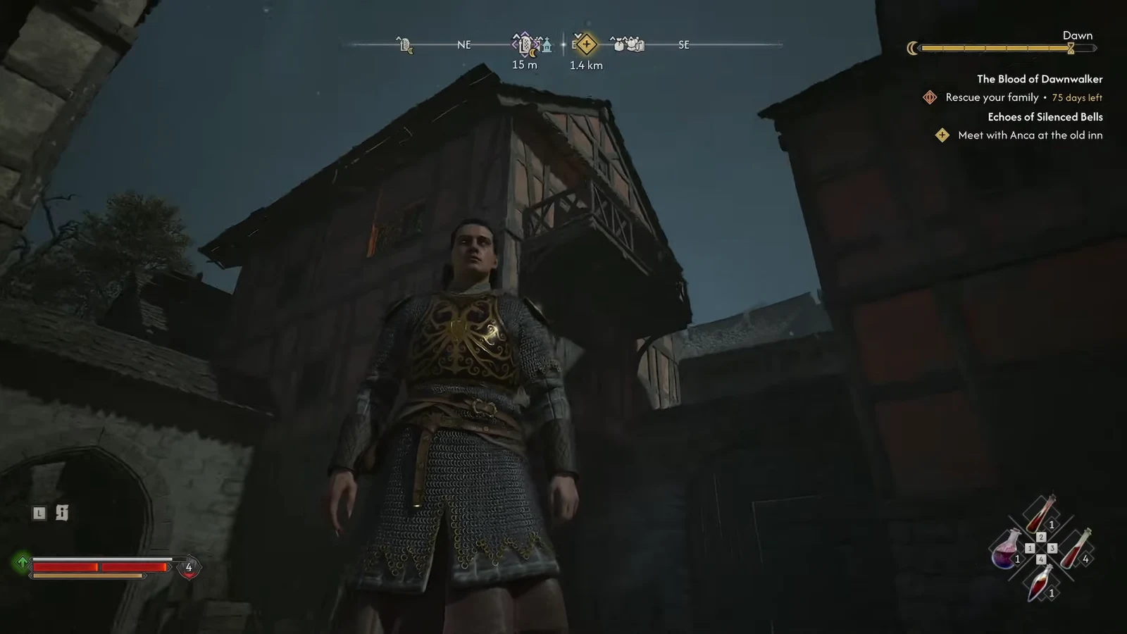 Night-time street view in Svartrau City with the quest tracker visible on the HUD