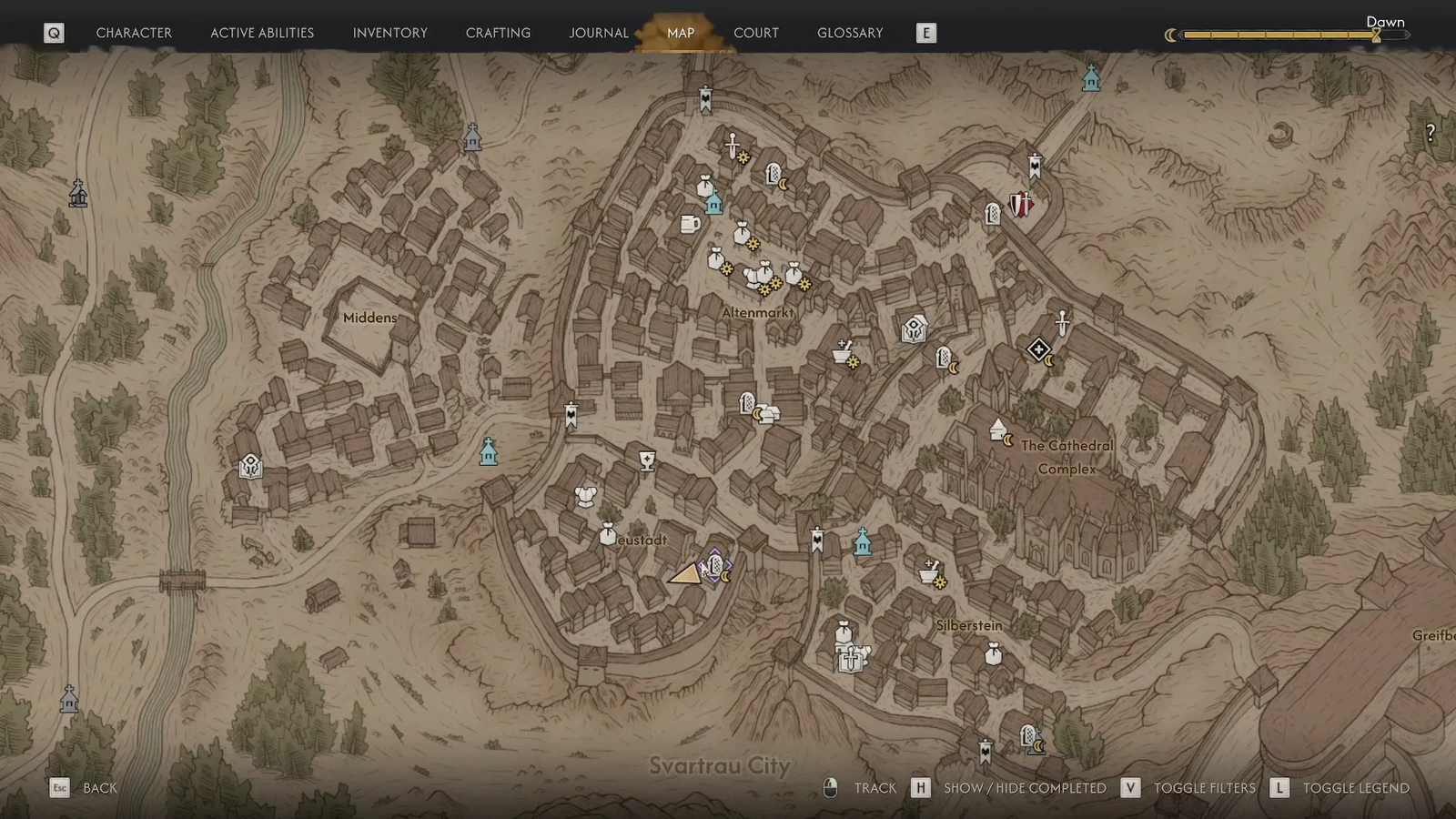 Map screen zoomed on Svartrau City with the player positioned near the Neustadt district