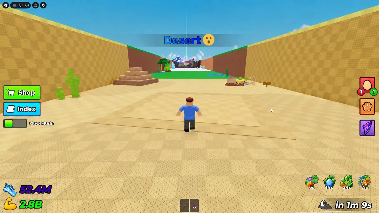 Running forward through the Desert zone with the Shop and Index buttons on screen