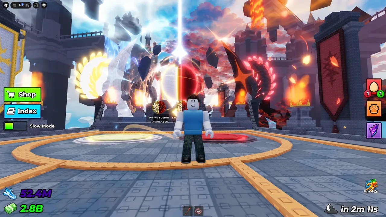 The green Slow Mode toggle switched on while the avatar stands still in the arena