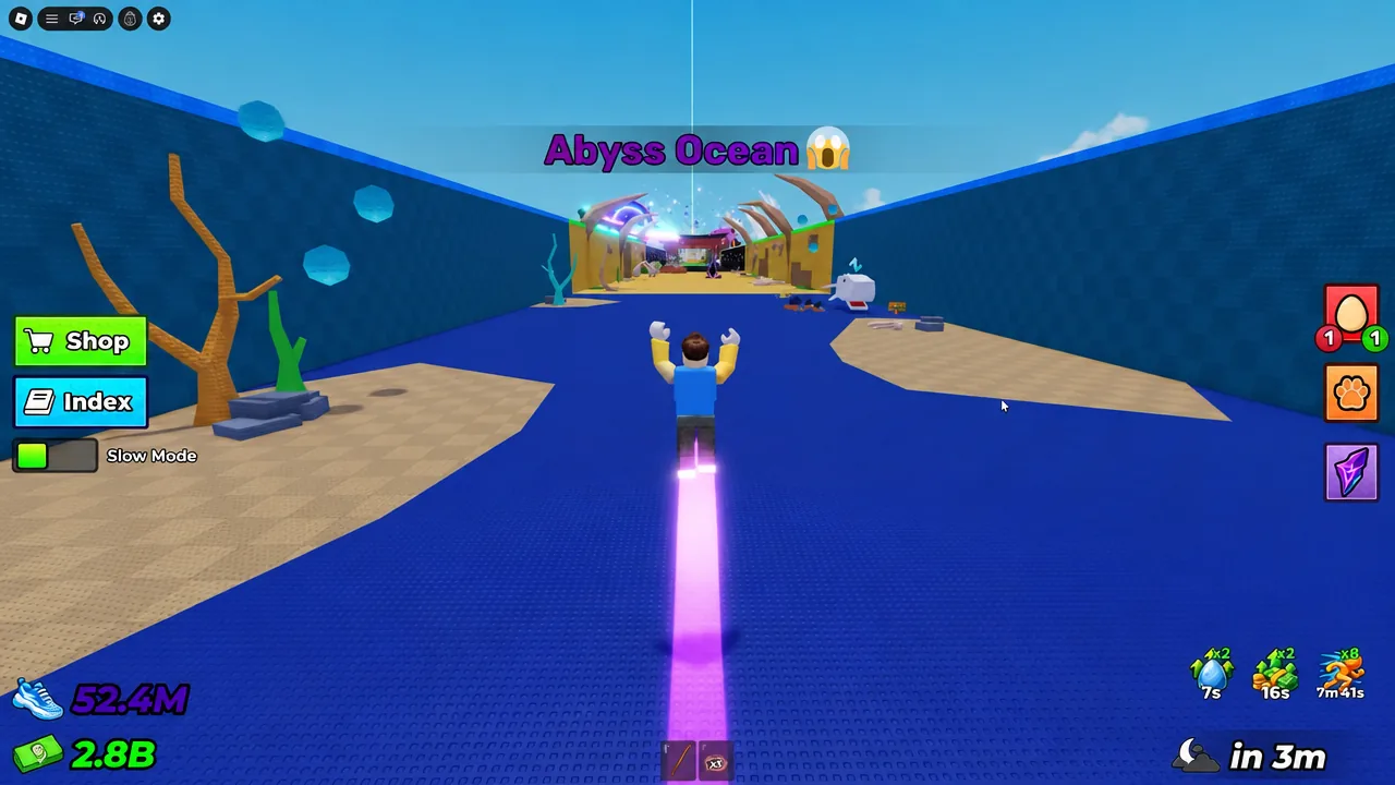 Sprinting through the Abyss Ocean zone leaving a coloured speed trail behind