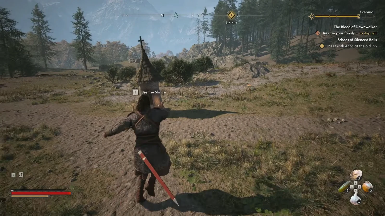 On-screen prompt reading Use the Shrine as the character stands beside it