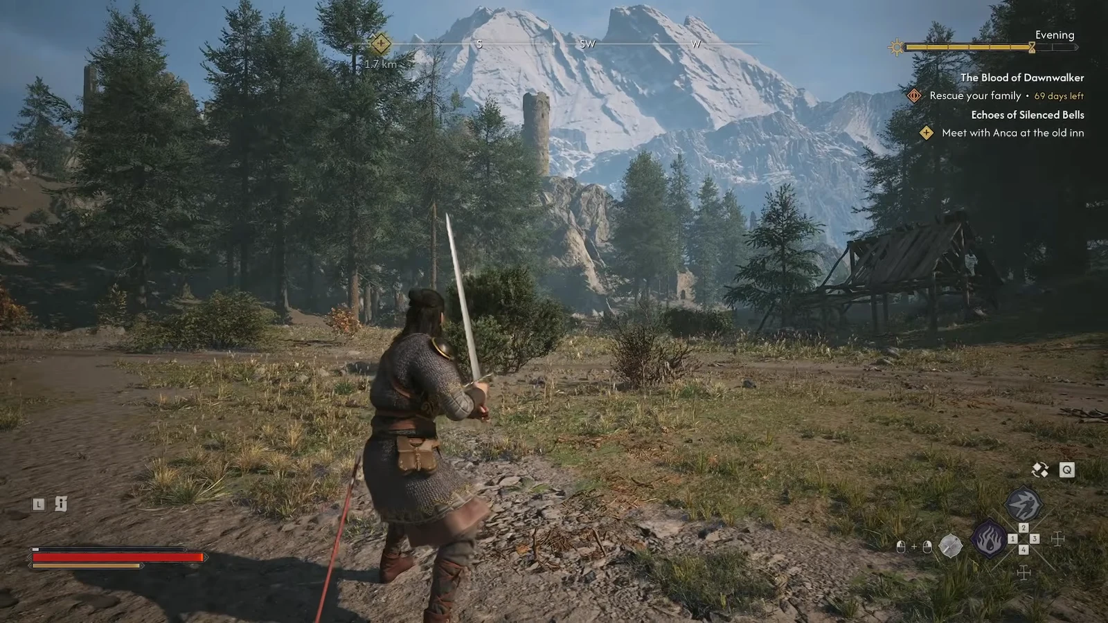 Coen exploring a forest with his sword drawn and quest objectives listed in the corner