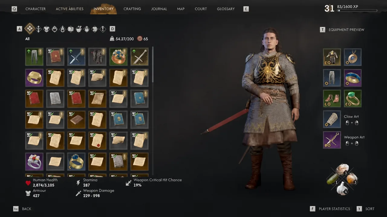 Character menu open on the Inventory tab showing Coen's gear and carried items