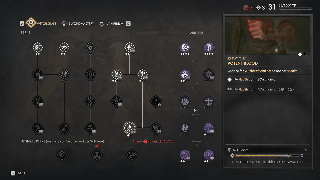 Witchcraft skill tree open with the Potent Blood perk selected and its unlock cost shown
