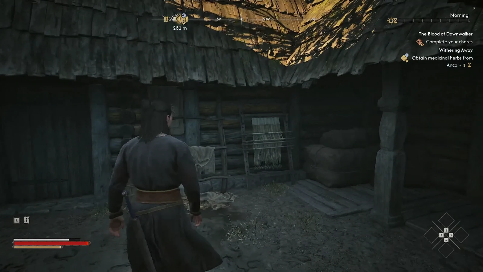 Quest tracker for Withering Away while searching a hut for Anca's medicinal herbs