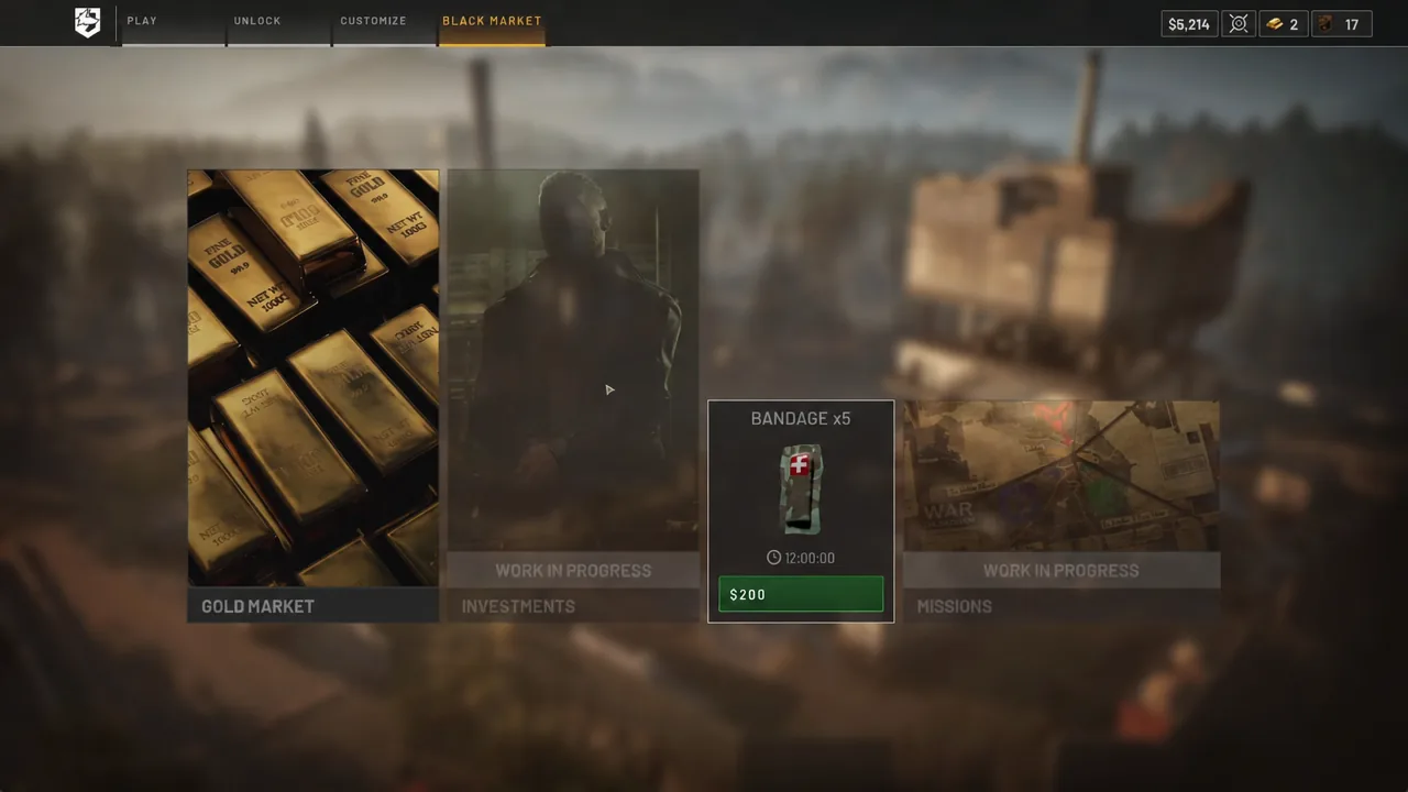 Black Market screen in Wardogs with a five-pack of bandages selected for $200