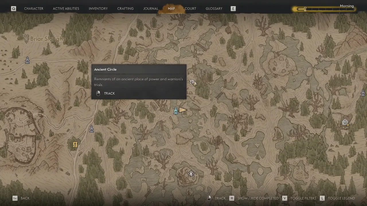 Map screen with the Ancient Circle location panel open and the TRACK button highlighted