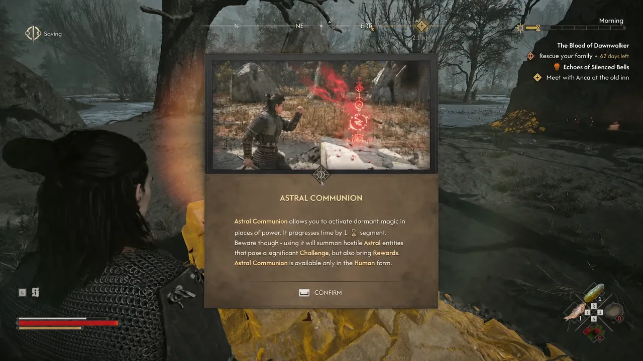 The Astral Communion tutorial pop-up explaining the spell, with the CONFIRM button shown