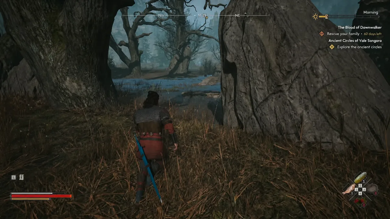 Player character crossing the swamp toward the Ancient Circle with the quest objective tracked
