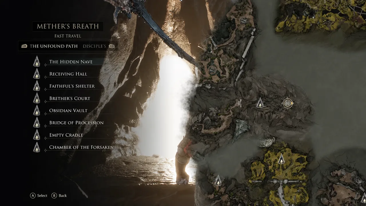 Fast-travel screen with The Unfound Path tab open and its beacon destinations listed