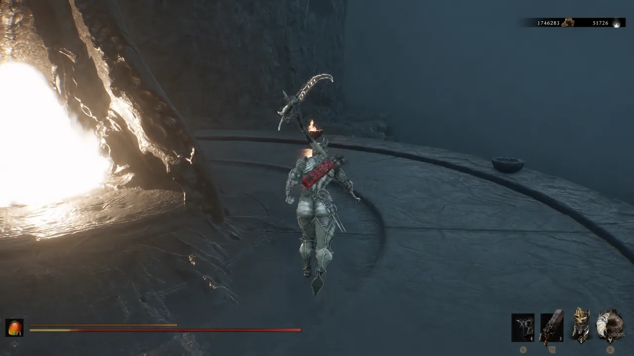 Armored player character sprinting along the open route between the two beacons