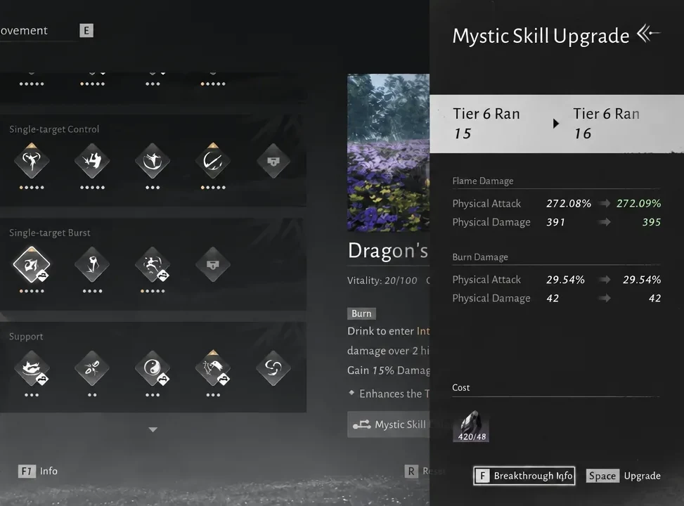 Mystic Skill Upgrade screen showing a Tier 6 skill moving from Rank 15 to Rank 16