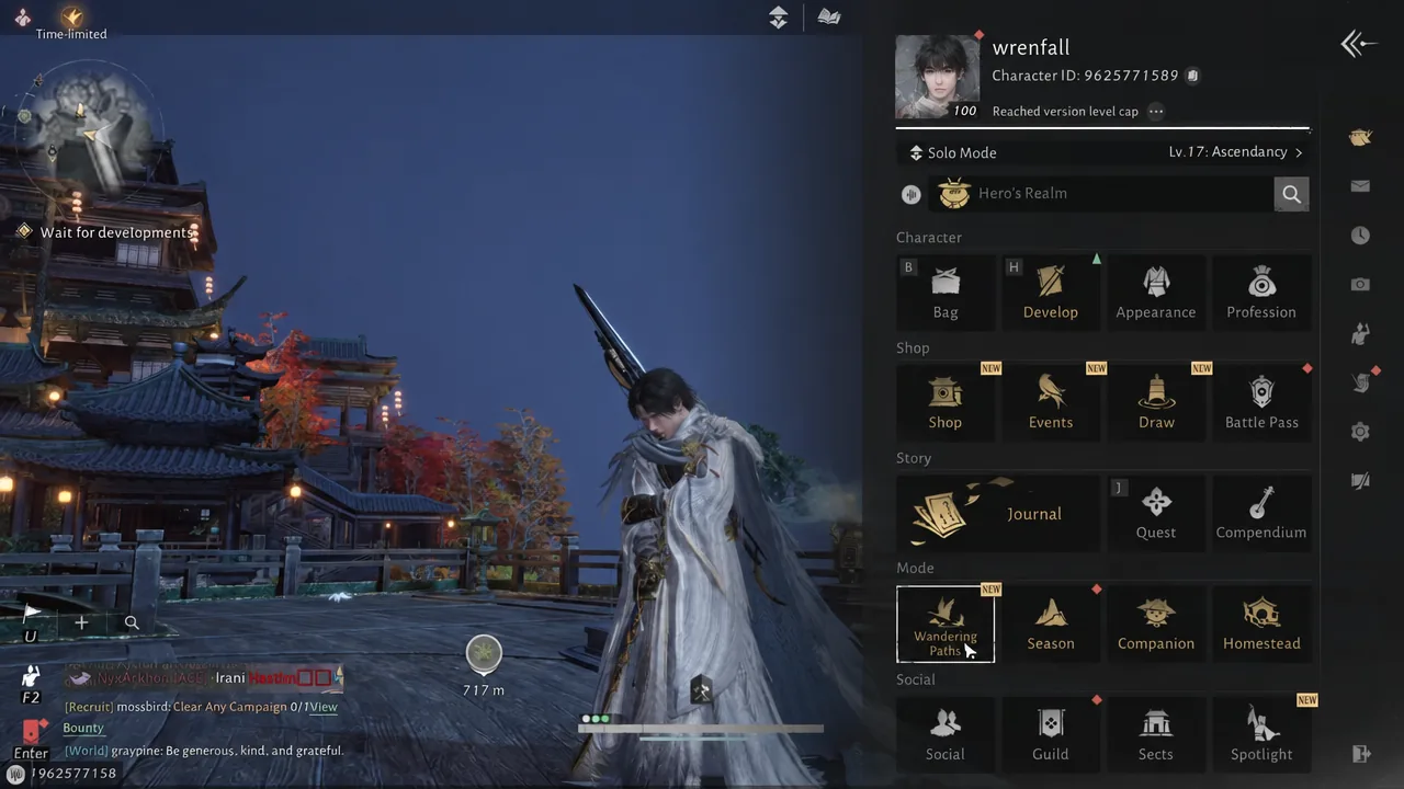 Main menu open with the Wandering Paths option highlighted under the Mode column