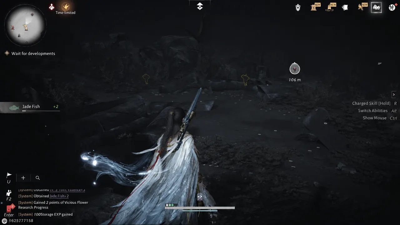 Player running toward a yellow waypoint marker 106 meters away during an open-world gathering run