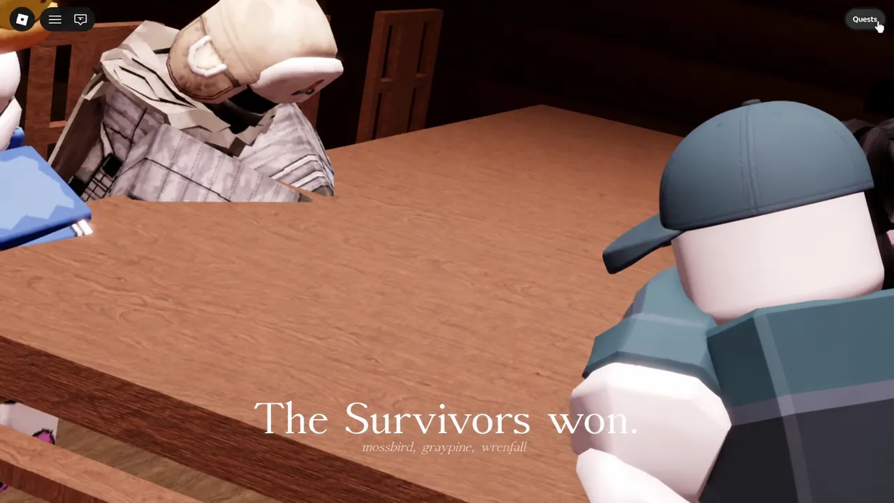Forsaken end-of-round screen reading The Survivors won with survivors gathered around a table