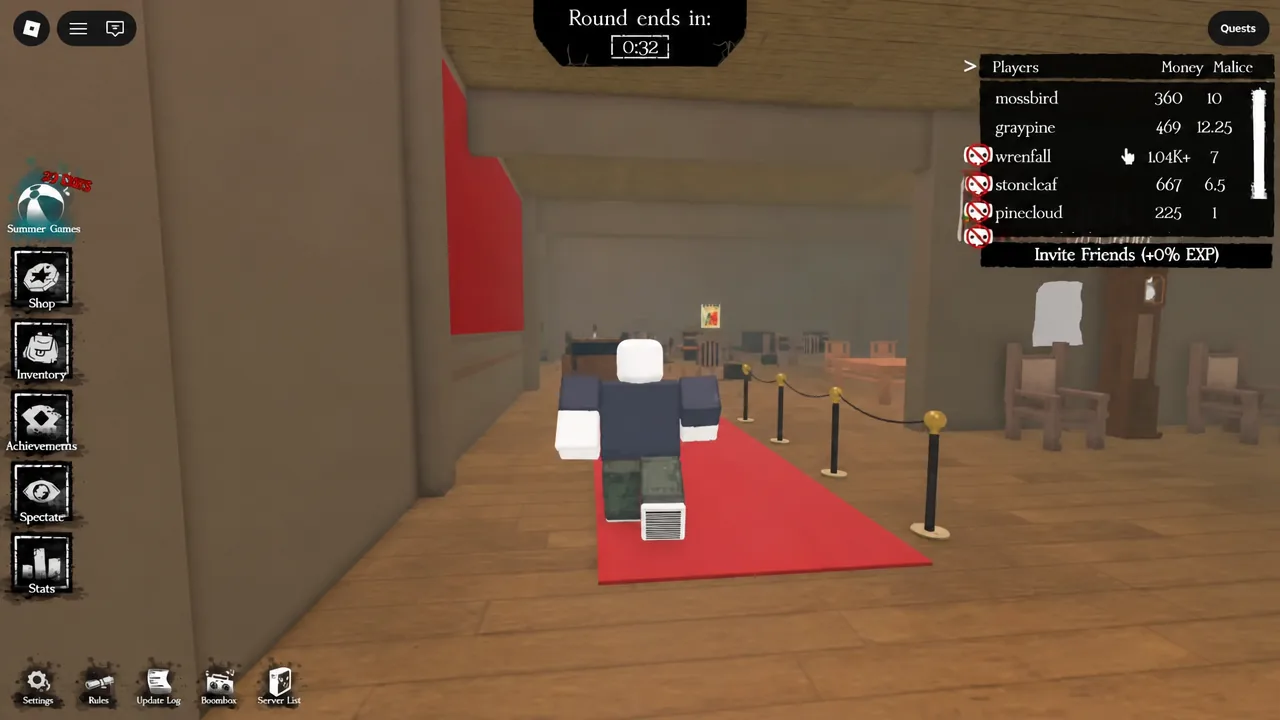 Forsaken Players panel open while the avatar walks along the red carpet in the exhibit area