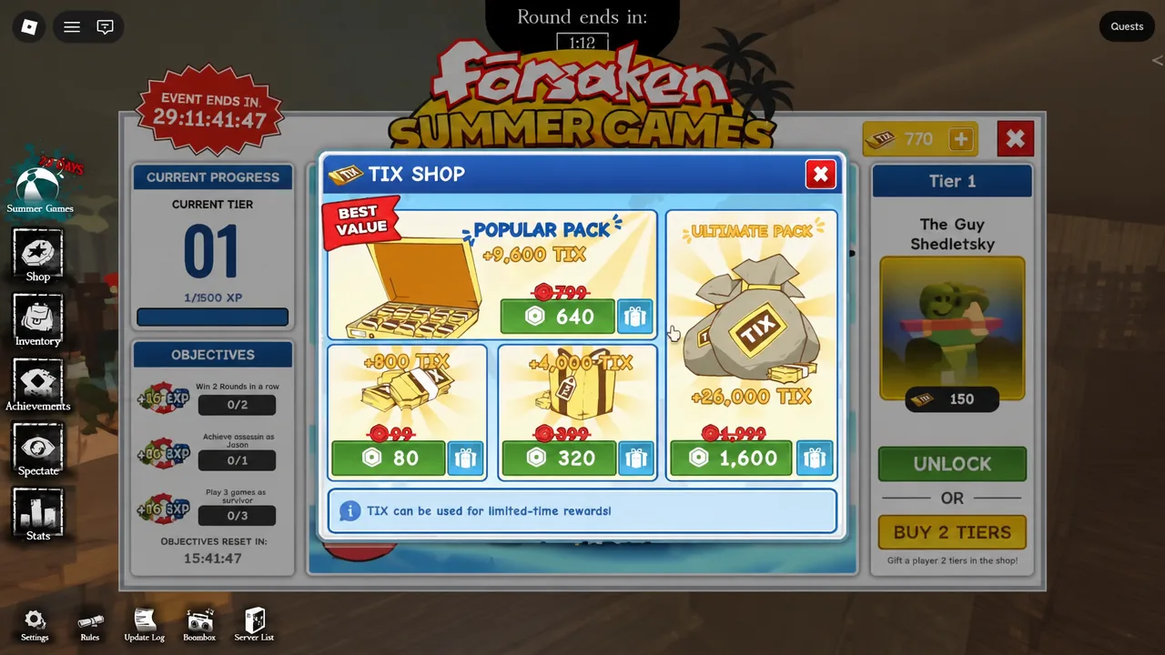 Forsaken Tix shop menu showing the Robux purchase bundles for event currency