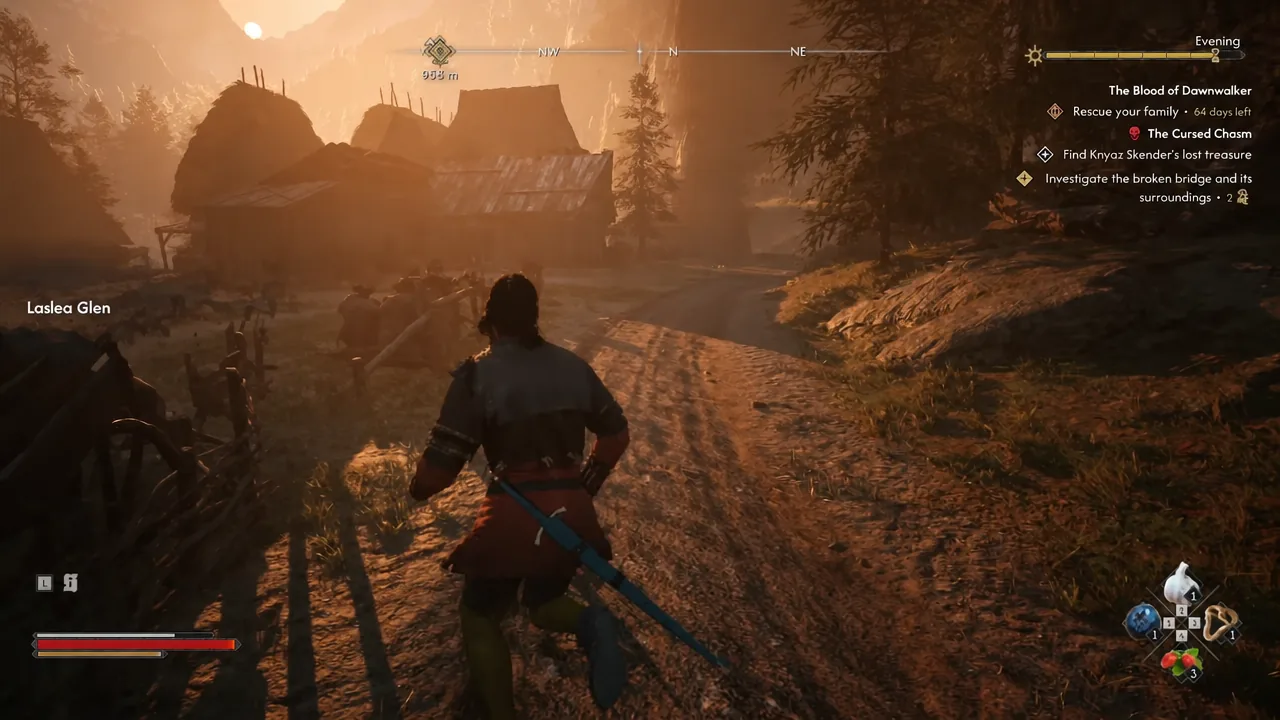 Coen walking a village path at Laslea Glen with active objectives shown in the quest tracker