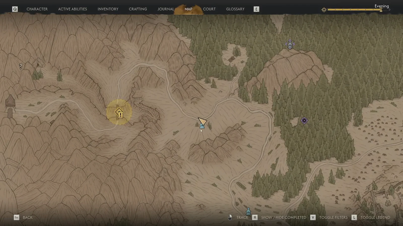 World map open in The Blood of Dawnwalker with a yellow quest marker and nearby location icons