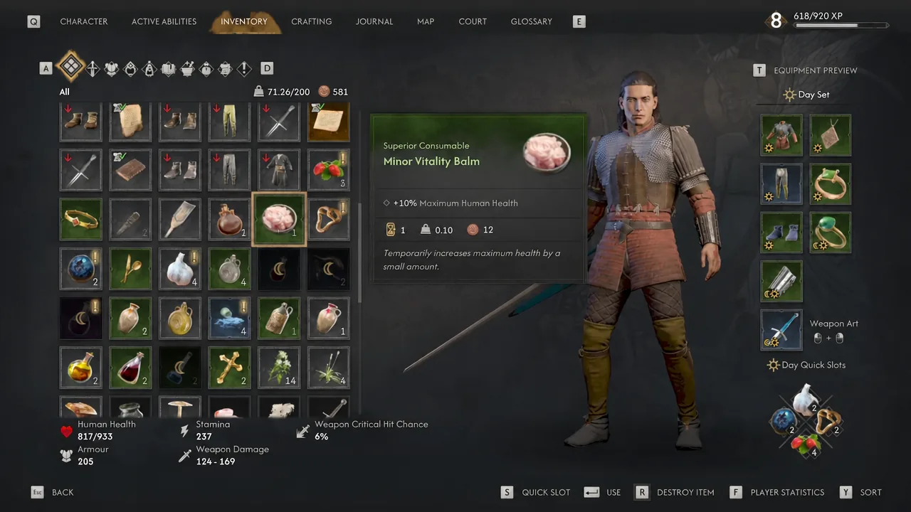 Inventory screen with the Minor Vitality Balm consumable selected and its details shown