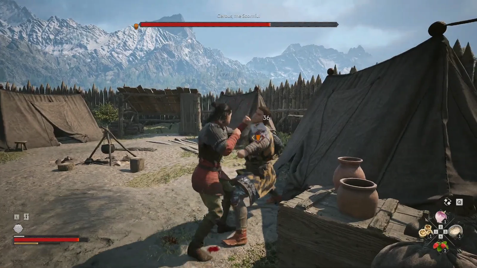 Coen throwing punches at Cerbus with the boss health bar visible at the top of the screen