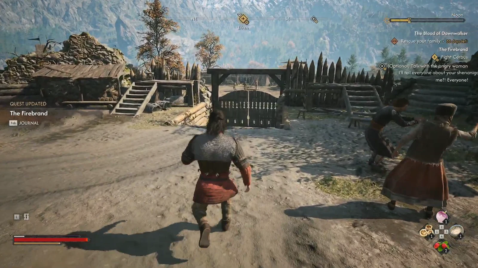 The Firebrand quest updates as Coen walks toward the settlement gate at Stoneward Post