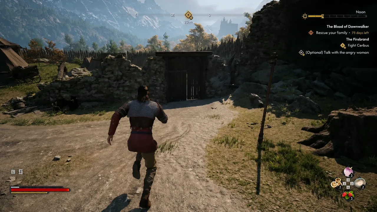 Quest tracker showing Rescue your family as the player runs toward a wooden gate in the camp