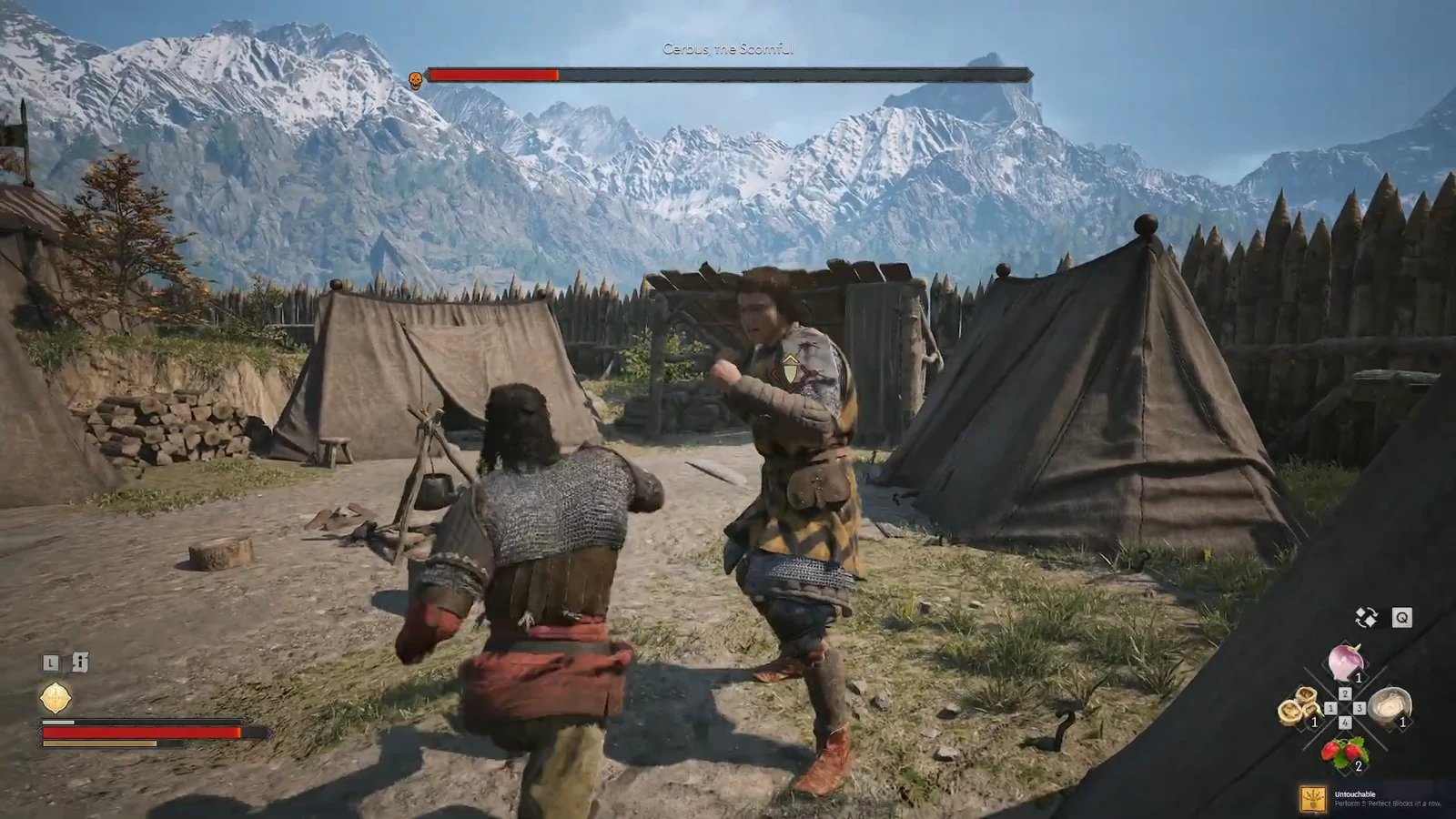 Melee exchange with the armored Cerbus, the Scornful, health bar draining at the top