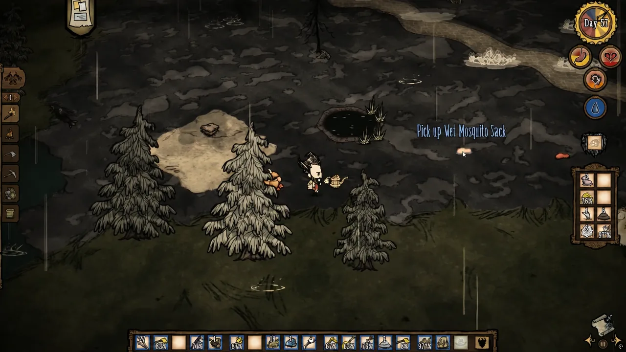 Gameplay prompt reading Pick up Wet Mosquito Sack near a marsh pond in Don't Starve Together